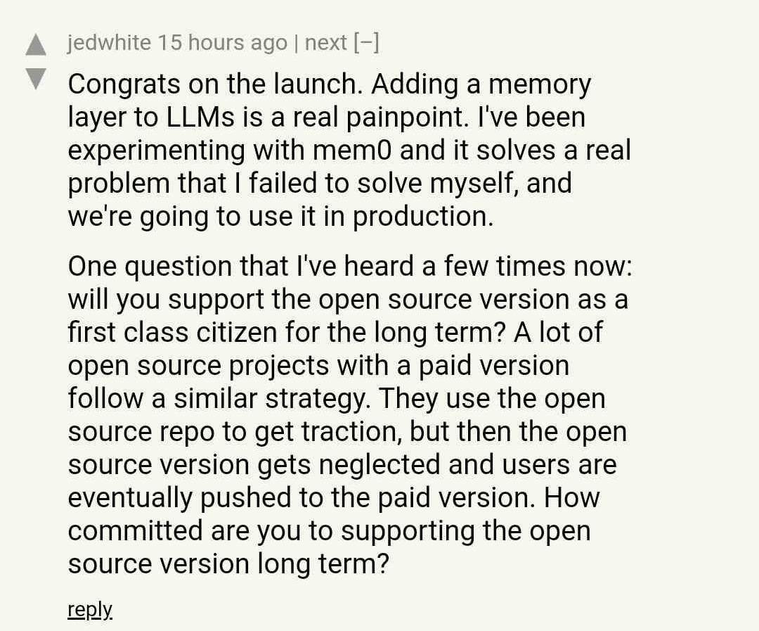 Case in point, a comment how one funds an open-source LLM memory library